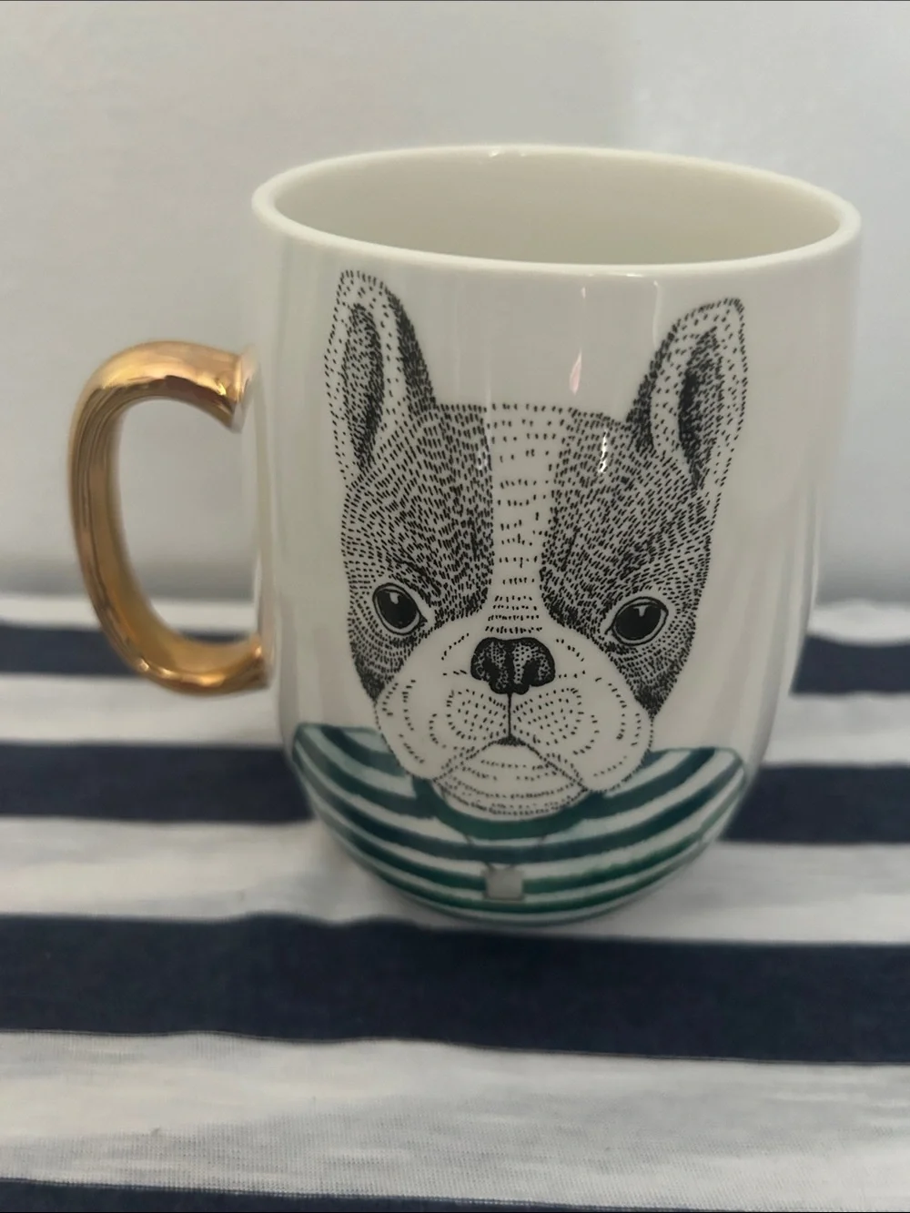 Pier 1 imports Bulldog Green Shirt Mug , Gold Crackle Handle.
